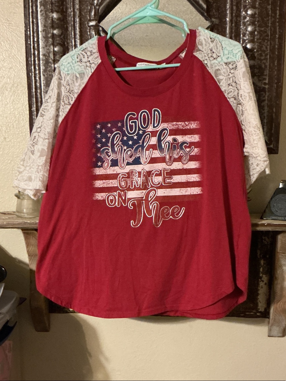 Notations Red Raglan Lace-Sleeve Graphic Tee